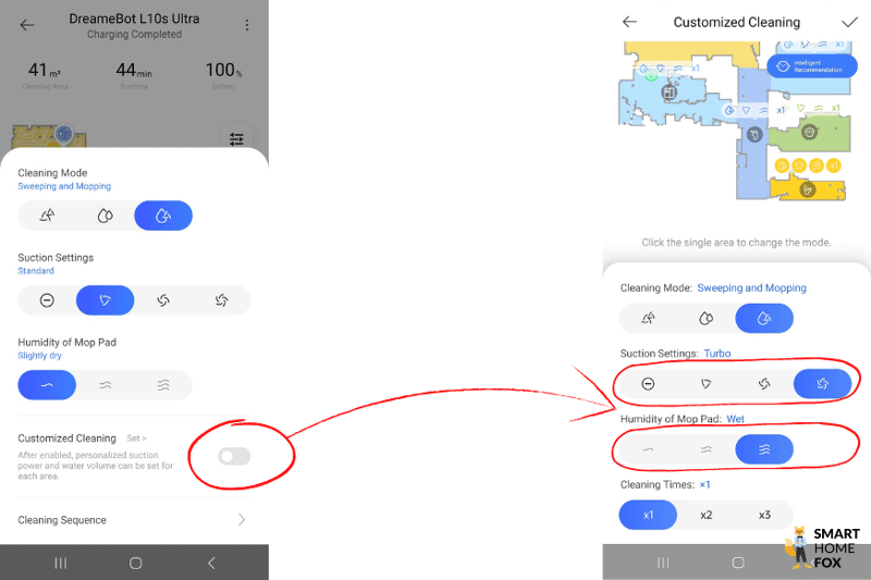 Saugkraft- und Wassereinstellungen werden in der Dreame L10s Ultra App ausgewählt.